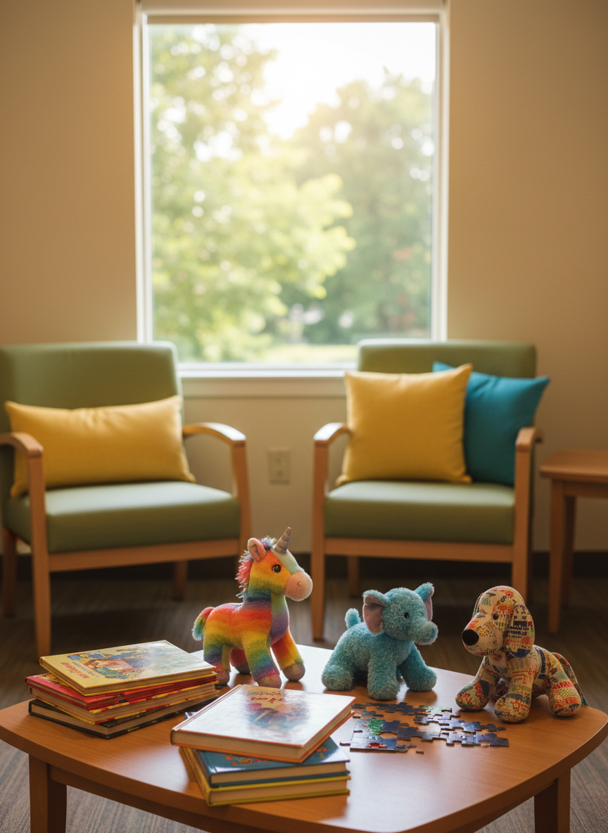 A cozy hospital family lounge captured in photographic realism, viewed from a slightly elevated angle. The space includes a low table covered with children’s picture books stacked in a neat, colorful pile, a small puzzle in progress, and a few diverse plush toys with varied colors and patterns. Nearby, two comfortable armchairs and a small sofa with bright throw pillows face a large window showing leafy trees and soft daylight. The lighting is gentle and natural, filling the room with a welcoming glow rather than a clinical feel. The composition uses the rule of thirds, keeping the books prominent while the inviting seating and window create depth and a mood of quiet support and togetherness.
