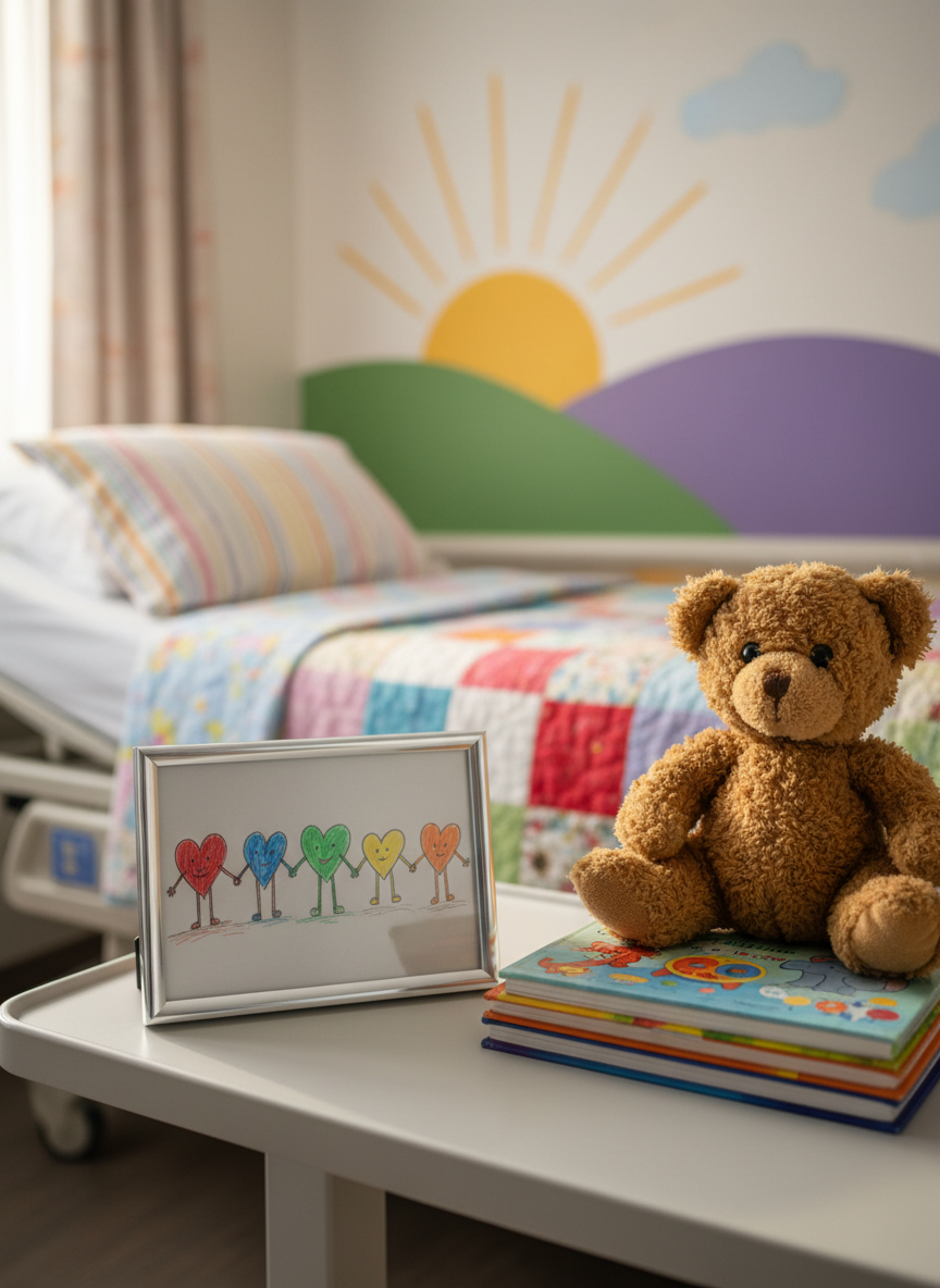 A bedside vignette in a pediatric hospital room, photographed closely from the side, focusing on symbols of family support without humans. On a small rolling table, a framed drawing of several differently colored hearts holding hands rests beside a stack of children’s books and a well-loved stuffed animal with slightly worn fur. The hospital bed in the background has a colorful quilt and patterned pillow, while the wall shows non-text artwork of a sun rising over hills. Soft, diffused morning light enters from an unseen window, casting delicate shadows and subtle highlights that create a serene, nurturing mood. The composition uses shallow depth of field to keep the drawing and books in sharp focus.