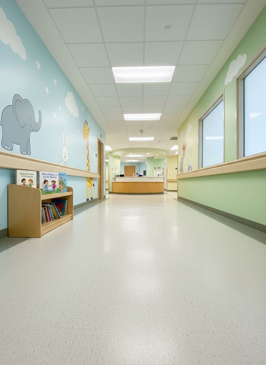 A pediatric hospital hallway designed to feel friendly and non-sterile, captured in a wide, photographic shot from a child’s eye level. The corridor walls are painted in soft pastels with simple, non-text murals of animals, stars, and clouds leading toward a warmly lit nurses’ station in the distance. Along one side, a low bookshelf holds an organized row of children’s books, including a prominently placed copy of “When Someone I Love Is In the Hospital” with its comforting cover visible. Soft, even overhead lighting combines with indirect daylight from side windows, creating a bright yet gentle ambience. The mood is reassuring and hopeful, with clean lines and clear focus throughout the scene.